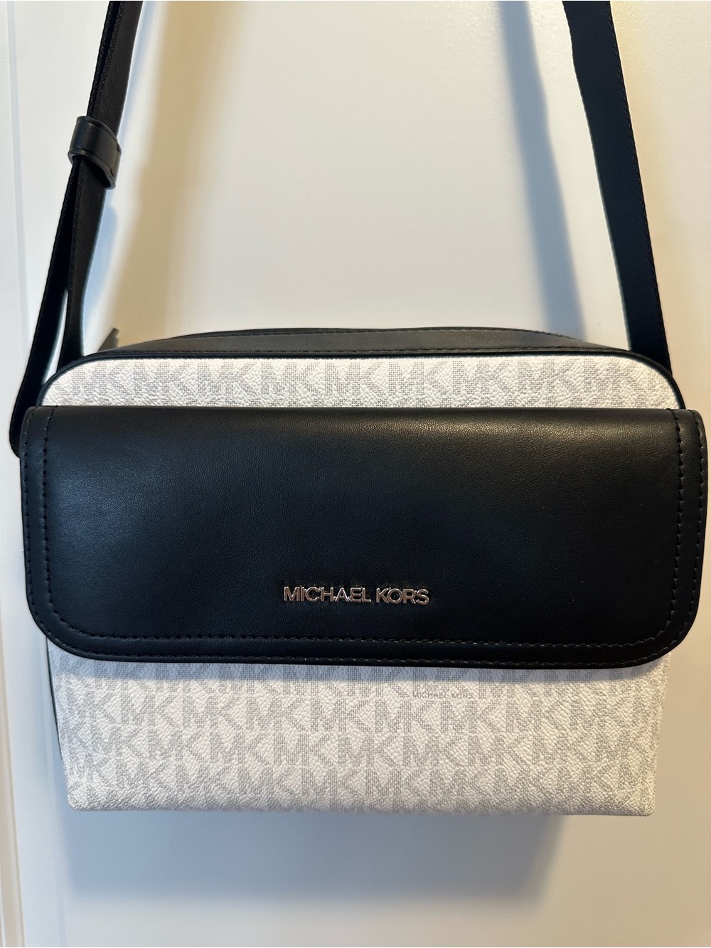Michael Kors Cooper Black/White Canvas Leather Flap White MK Monogram Crossbody
